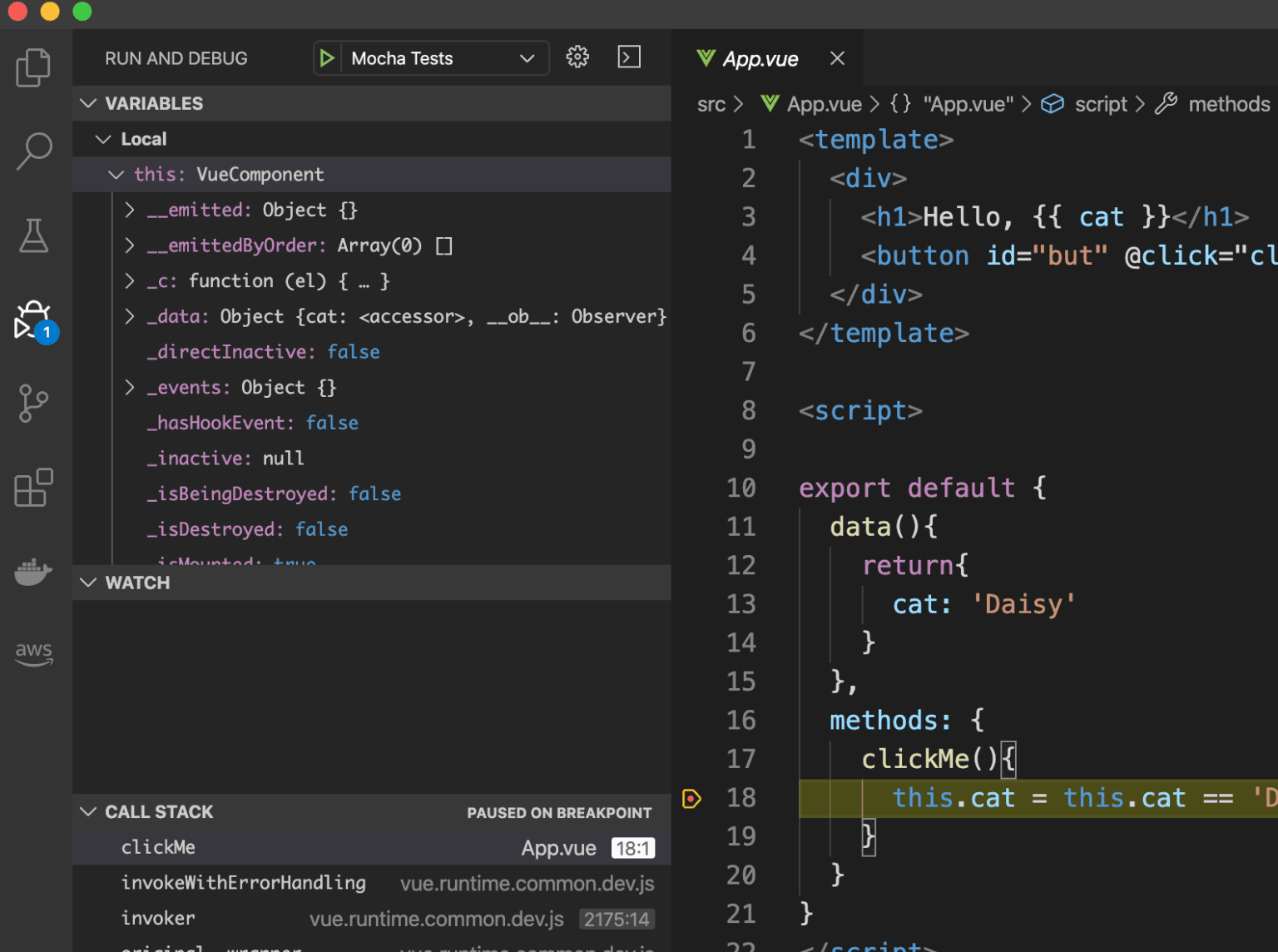 Debugging Vue Mocha unit tests in VSCode